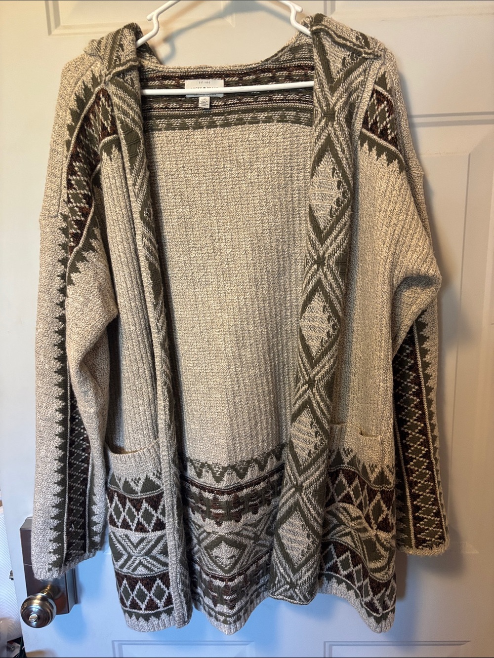Lucky Brand Hooded Open Cardigan Sweater in Cream, Brown and Olive